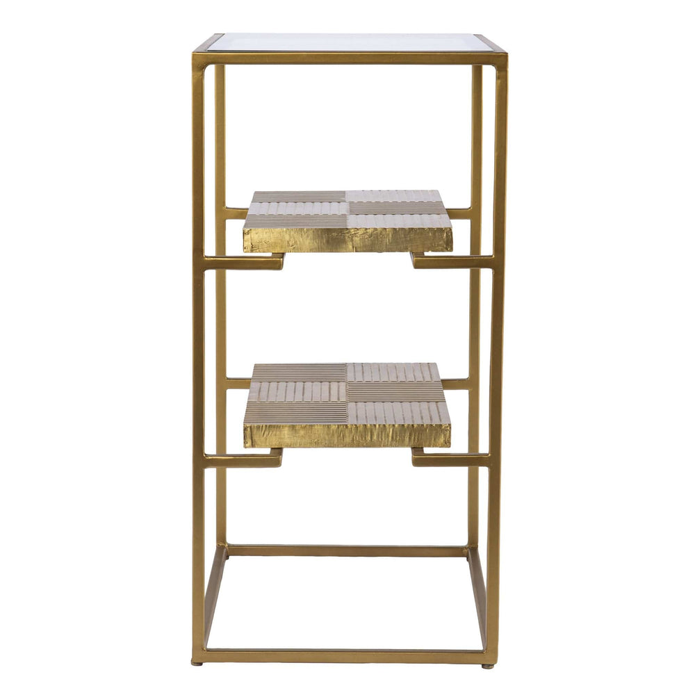 24" Brass Glass And Iron Rectangular End Table With Two Shelves - Homeroots