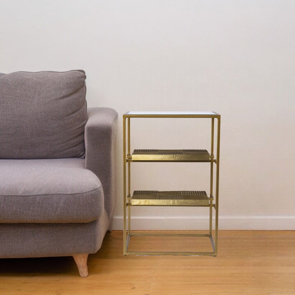 24" Brass Glass And Iron Rectangular End Table With Two Shelves - Homeroots