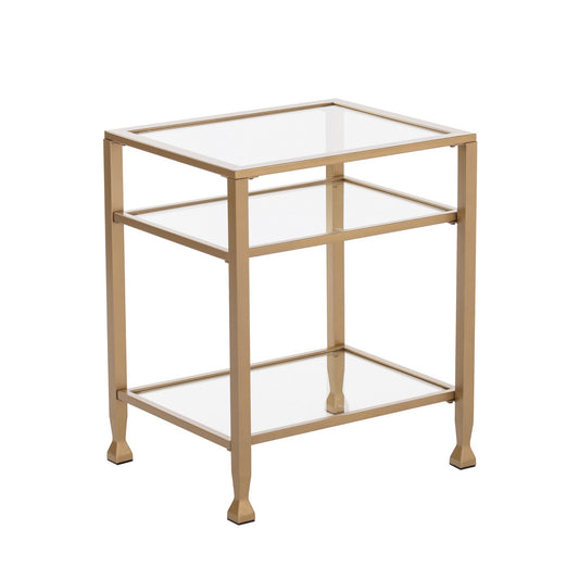 24" Gold Glass And Iron Rectangular End Table With Two Shelves