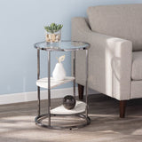 24" Black Metal Glass And Faux Marble Round End Table With Two Shelves - Homeroots