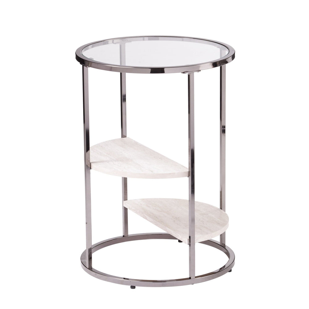 24" Black Metal Glass And Faux Marble Round End Table With Two Shelves - Homeroots