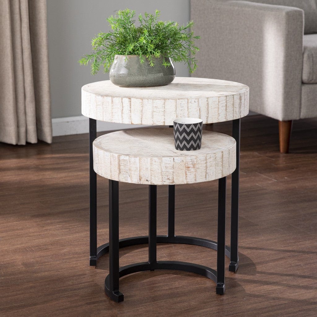 Set Of Two 21" White Solid Wood And Iron Round Nested Tables - Homeroots