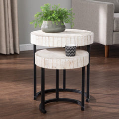 Set Of Two 21" White Solid Wood And Iron Round Nested Tables - Homeroots