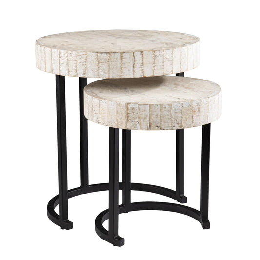 Set Of Two 21" White Solid Wood And Iron Round Nested Tables - Homeroots