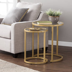 Set Of Two 23" Gold Glass And Steel Round Nested Tables - Homeroots
