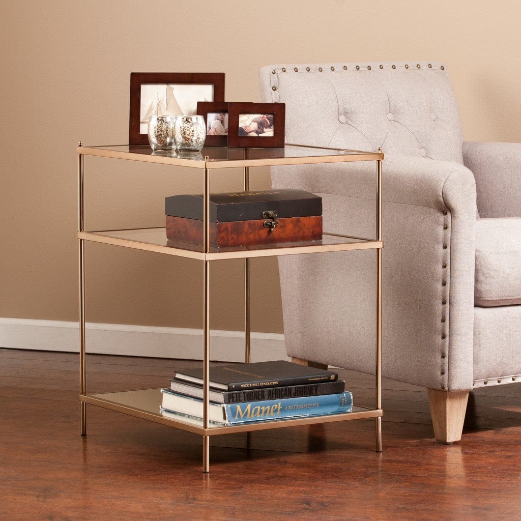 27" Gold And Clear Glass And Iron End Table With Mirrored Shelf - Homeroots - Flyclothing LLC