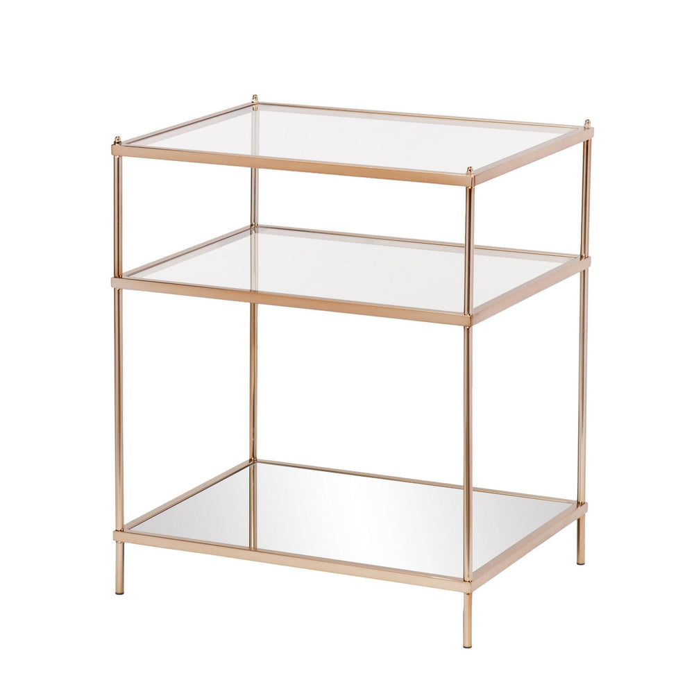27" Gold And Clear Glass And Iron End Table With Mirrored Shelf - Homeroots