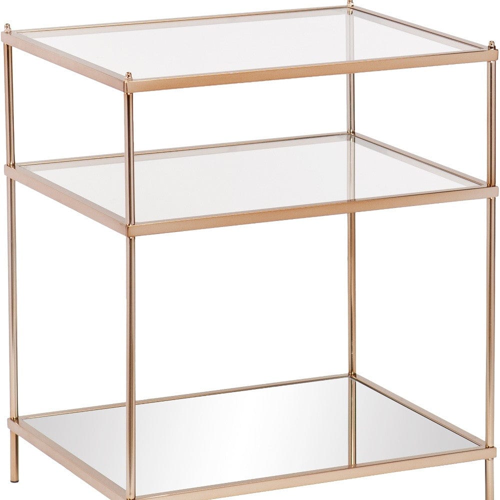 27" Gold And Clear Glass And Iron End Table With Mirrored Shelf - Homeroots - Flyclothing LLC
