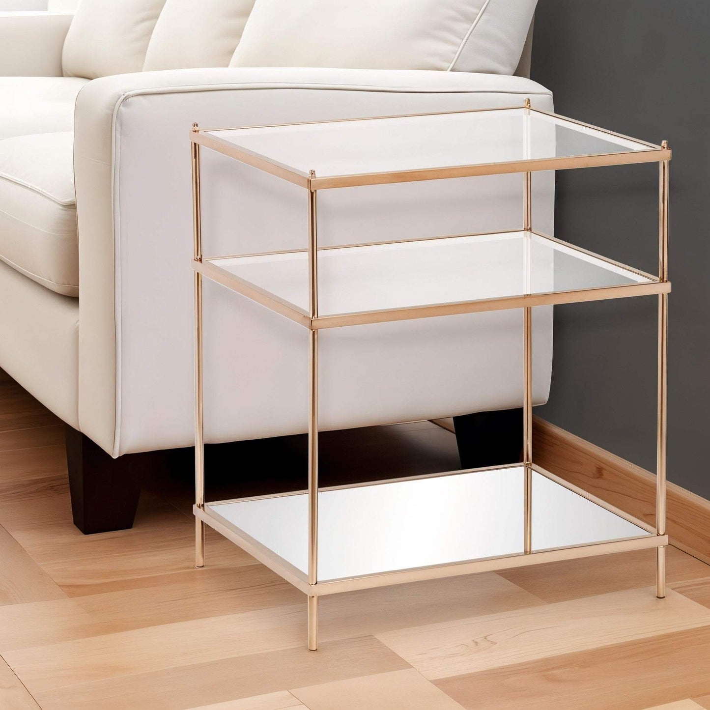 27" Gold And Clear Glass And Iron End Table With Mirrored Shelf - Homeroots - Flyclothing LLC