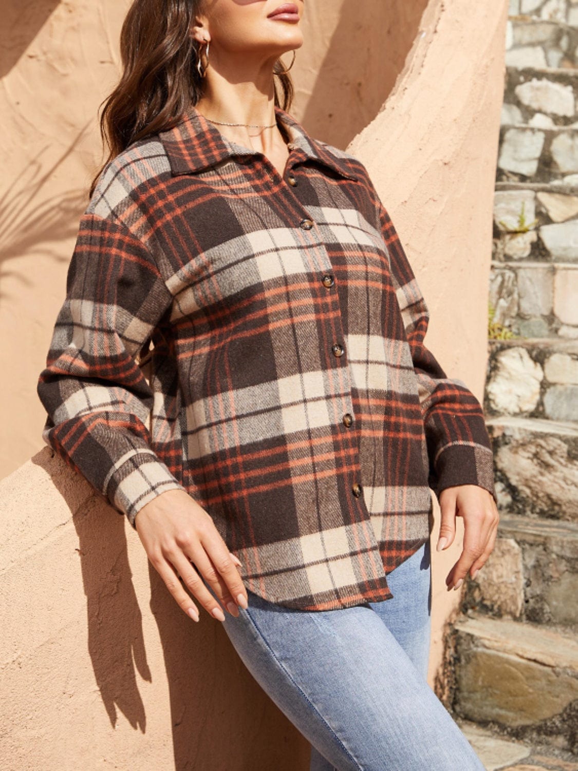 Plaid Button Up Long Sleeve Jacket - Trendsi
