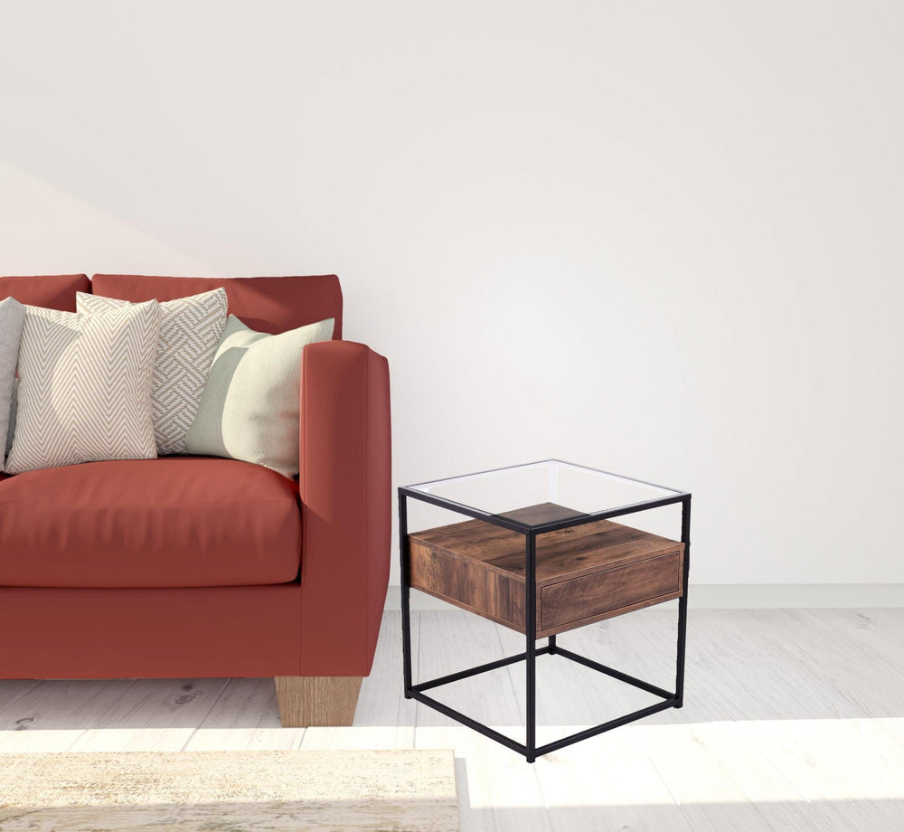 22" Black Glass And Iron Square End Table With Drawer With Shelf - Homeroots