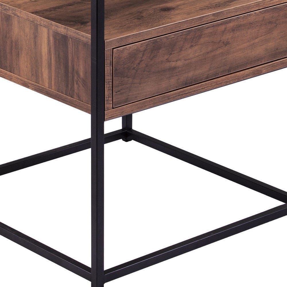 22" Black Glass And Iron Square End Table With Drawer With Shelf - Homeroots