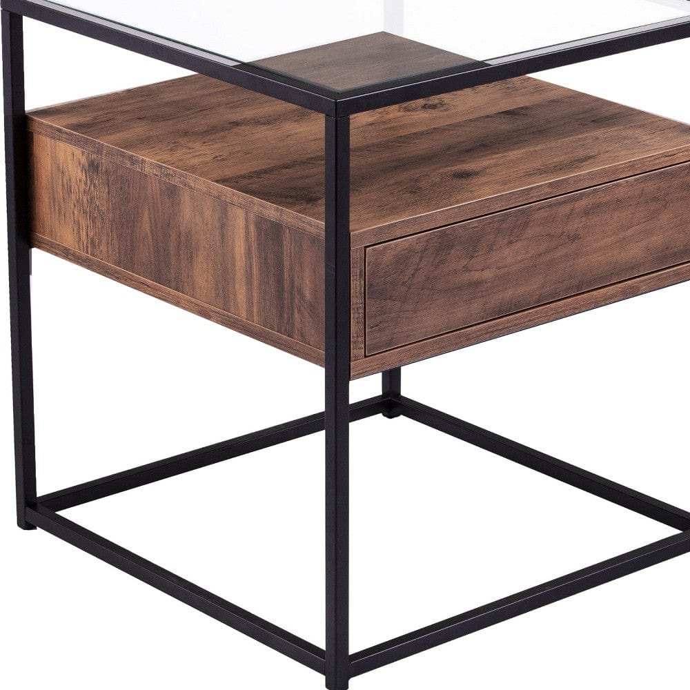 22" Black Glass And Iron Square End Table With Drawer With Shelf - Homeroots - Flyclothing LLC