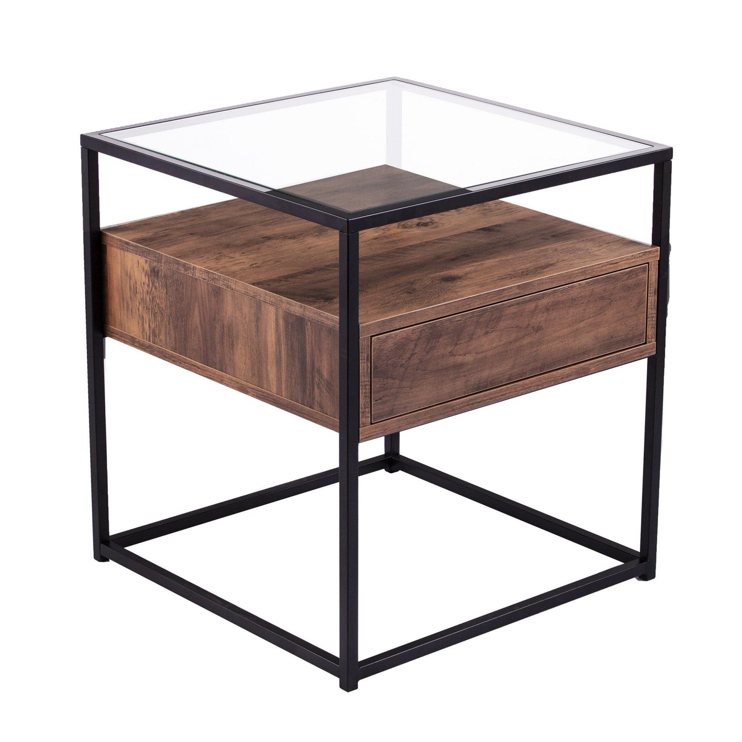 22" Black Glass And Iron Square End Table With Drawer With Shelf - Homeroots - Flyclothing LLC