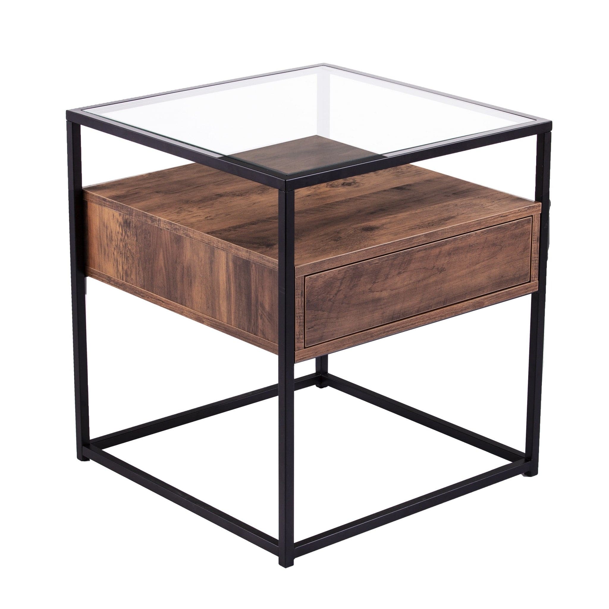 22" Black Glass And Iron Square End Table With Drawer With Shelf - Homeroots - Flyclothing LLC