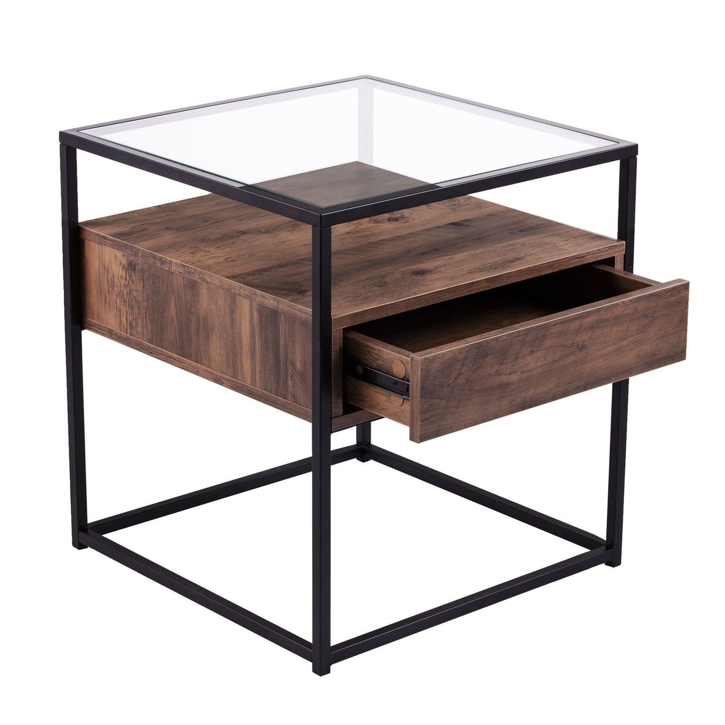 22" Black Glass And Iron Square End Table With Drawer With Shelf - Homeroots - Flyclothing LLC