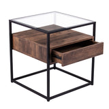 22" Black Glass And Iron Square End Table With Drawer With Shelf - Homeroots