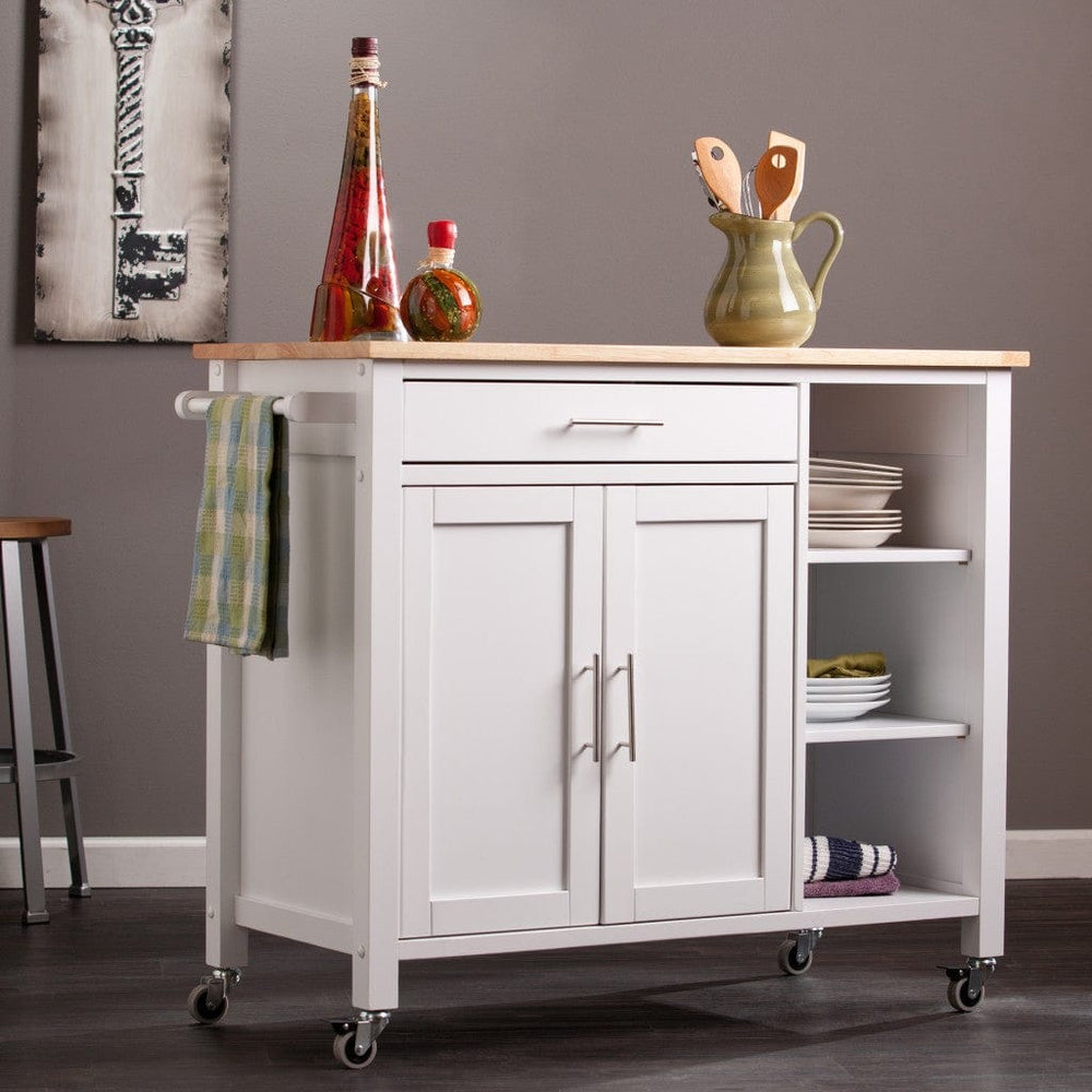 White and Natural 42" Rolling Kitchen Cart With Storage - Homeroots - Flyclothing LLC