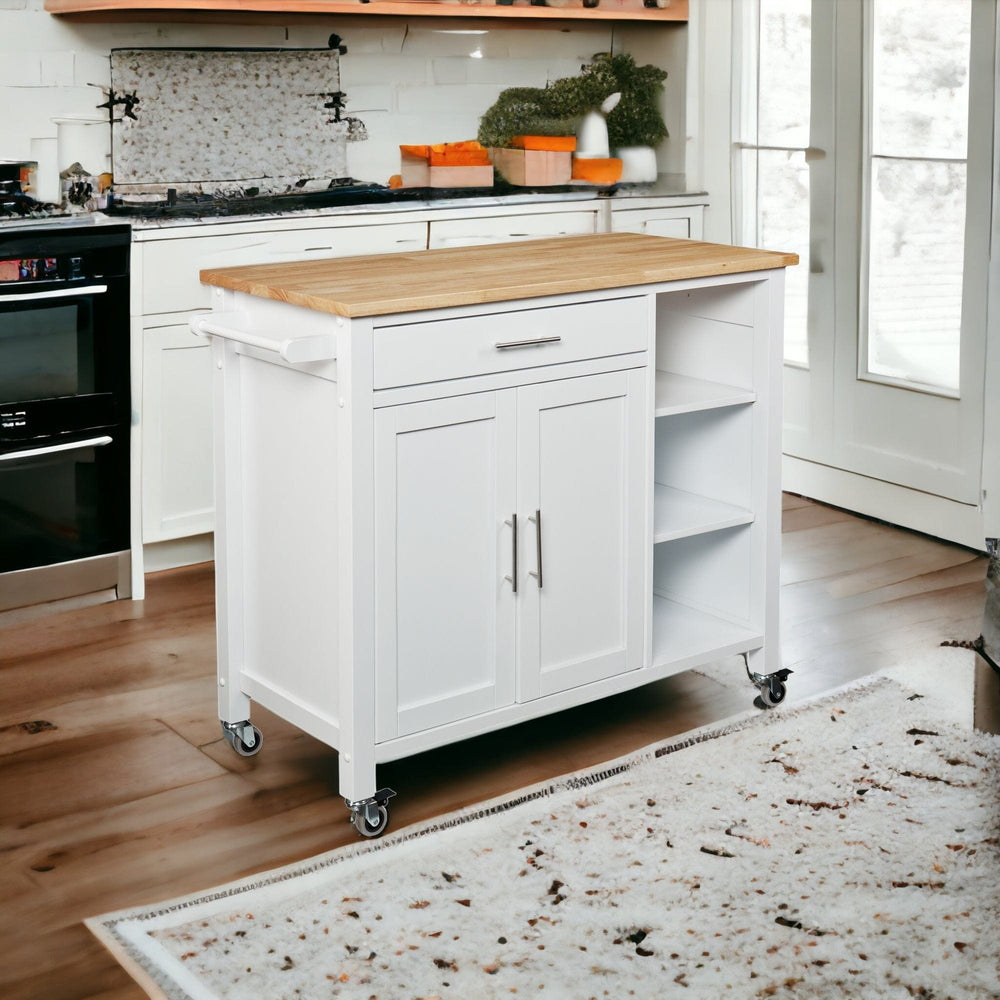 White and Natural 42" Rolling Kitchen Cart With Storage - Homeroots - Flyclothing LLC