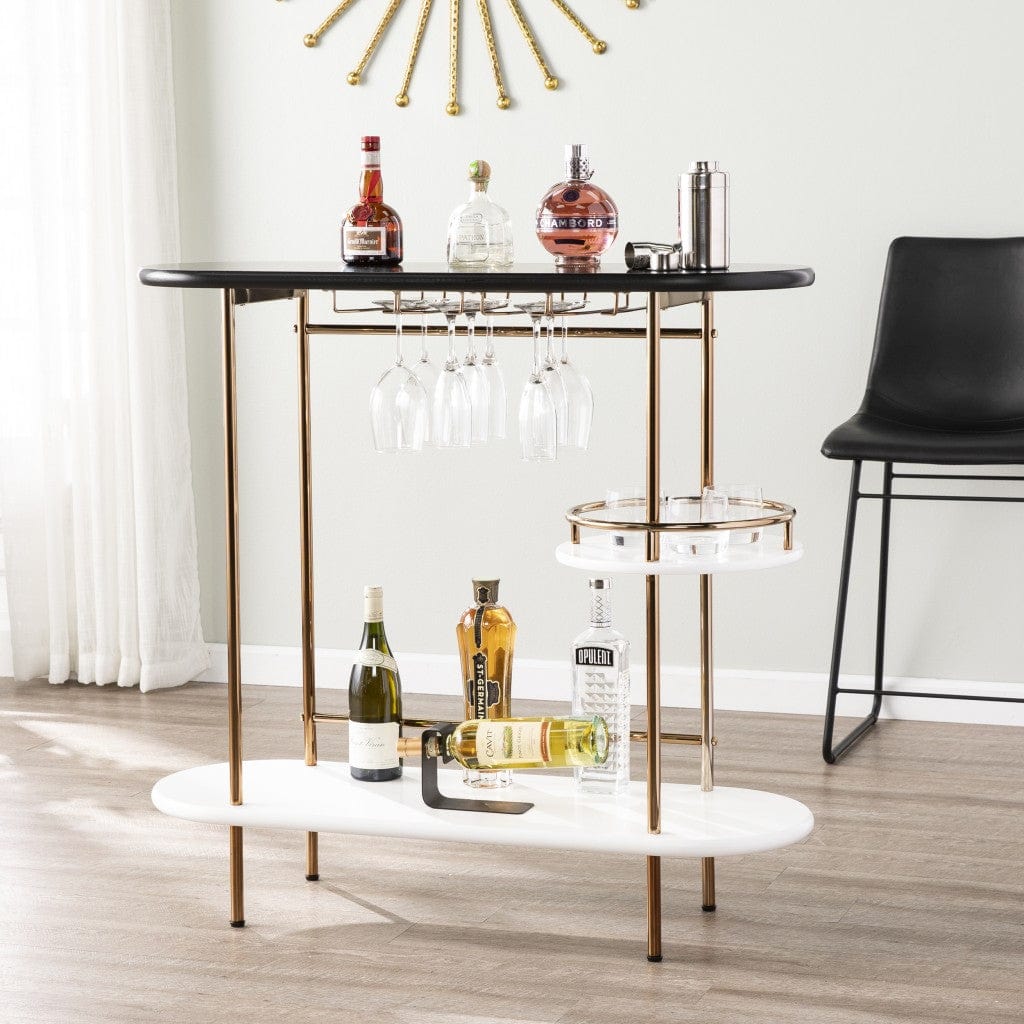 Gold Black and White Metal Oval Bar Cart With Wine Storage - Homeroots