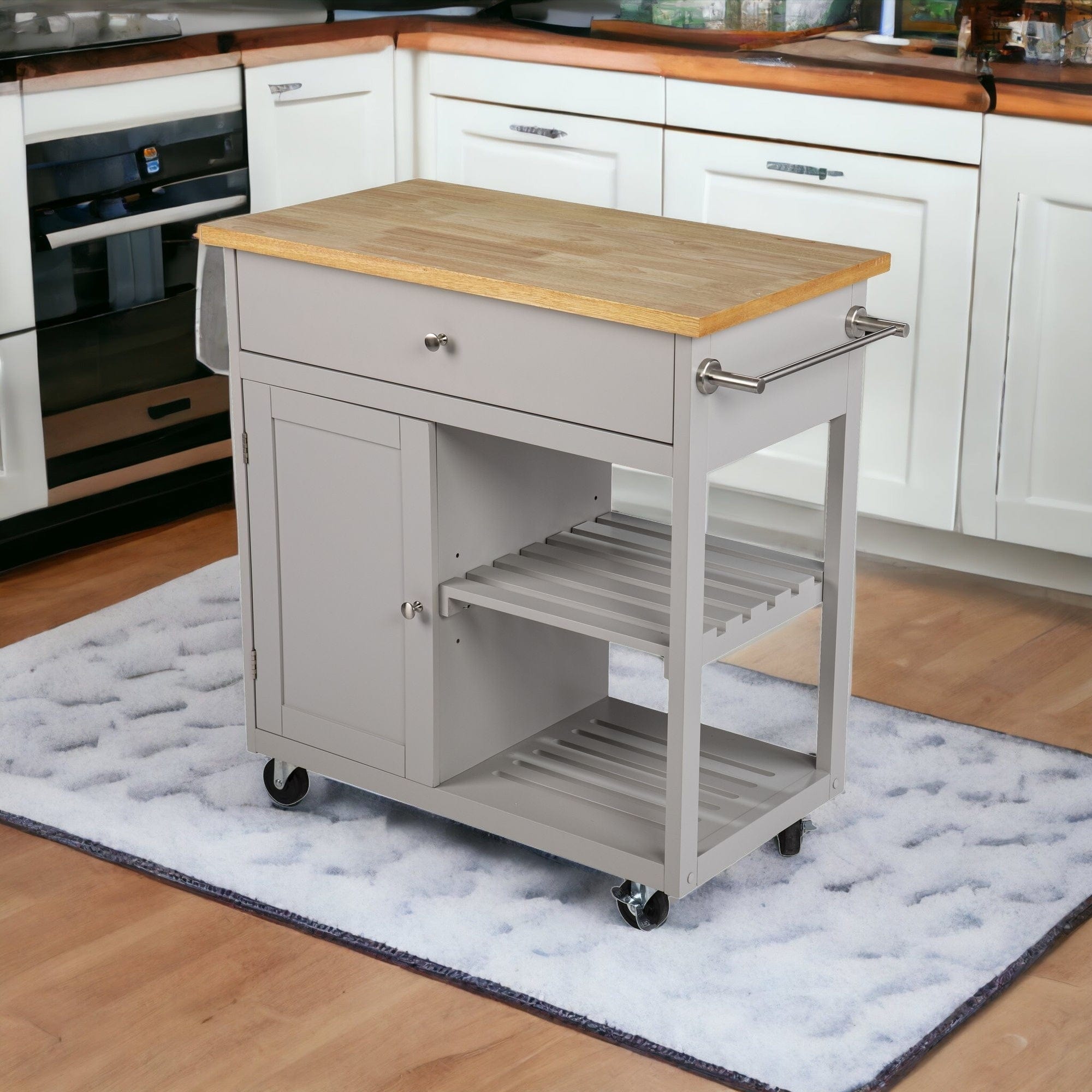 Gray and Natural 35" Rolling Kitchen Island With Storage - Homeroots