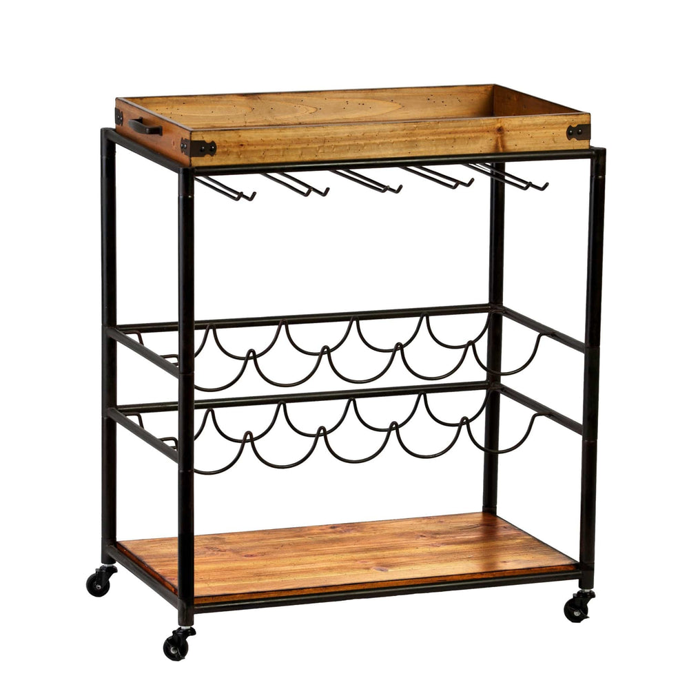 Brown and Black Metal And Solid Wood Rolling Bar Cart With Wine Storage - Homeroots