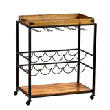 Brown and Black Metal And Solid Wood Rolling Bar Cart With Wine Storage - Homeroots