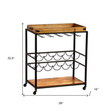 Brown and Black Metal And Solid Wood Rolling Bar Cart With Wine Storage - Homeroots - Flyclothing LLC