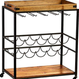 Brown and Black Metal And Solid Wood Rolling Bar Cart With Wine Storage - Homeroots - Flyclothing LLC
