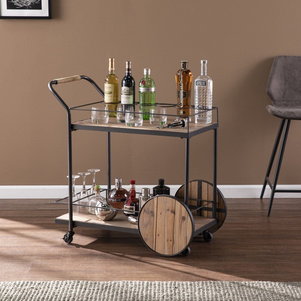 Natural and Black Iron And Reclaimed Wood Rolling Bar Cart With Wine Storage - Homeroots