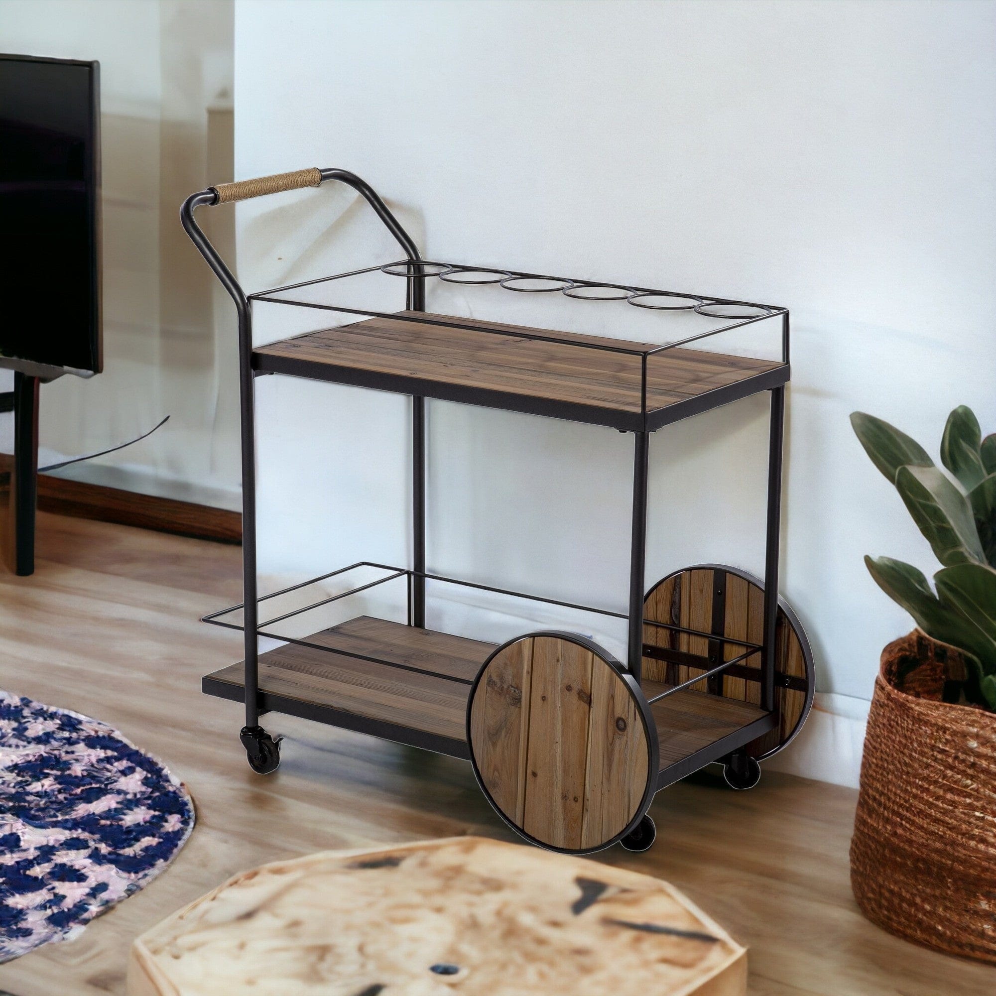 Natural and Black Iron And Reclaimed Wood Rolling Bar Cart With Wine Storage - Homeroots