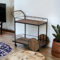 Natural and Black Iron And Reclaimed Wood Rolling Bar Cart With Wine Storage - Homeroots