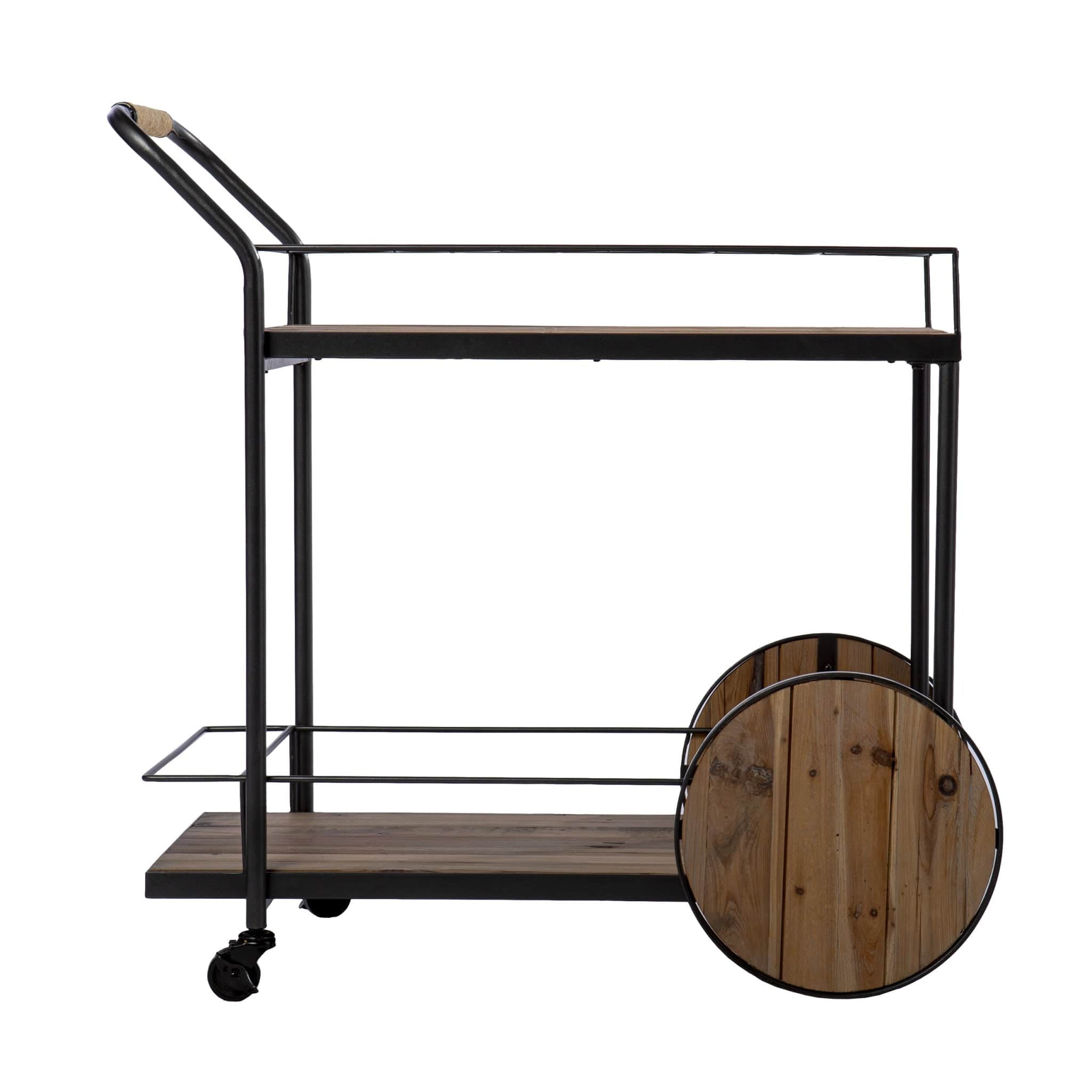 Natural and Black Iron And Reclaimed Wood Rolling Bar Cart With Wine Storage - Homeroots
