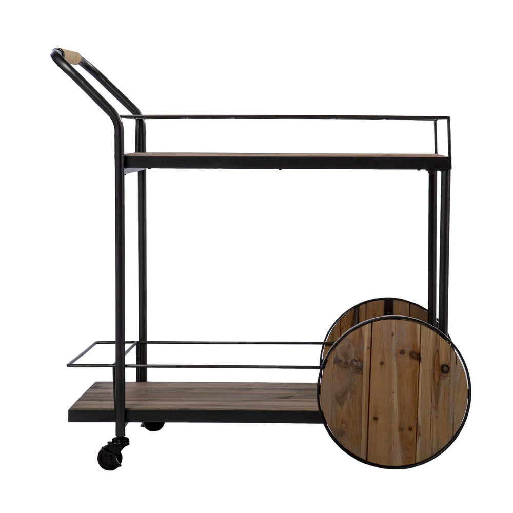 Natural and Black Iron And Reclaimed Wood Rolling Bar Cart With Wine Storage - Homeroots - Flyclothing LLC