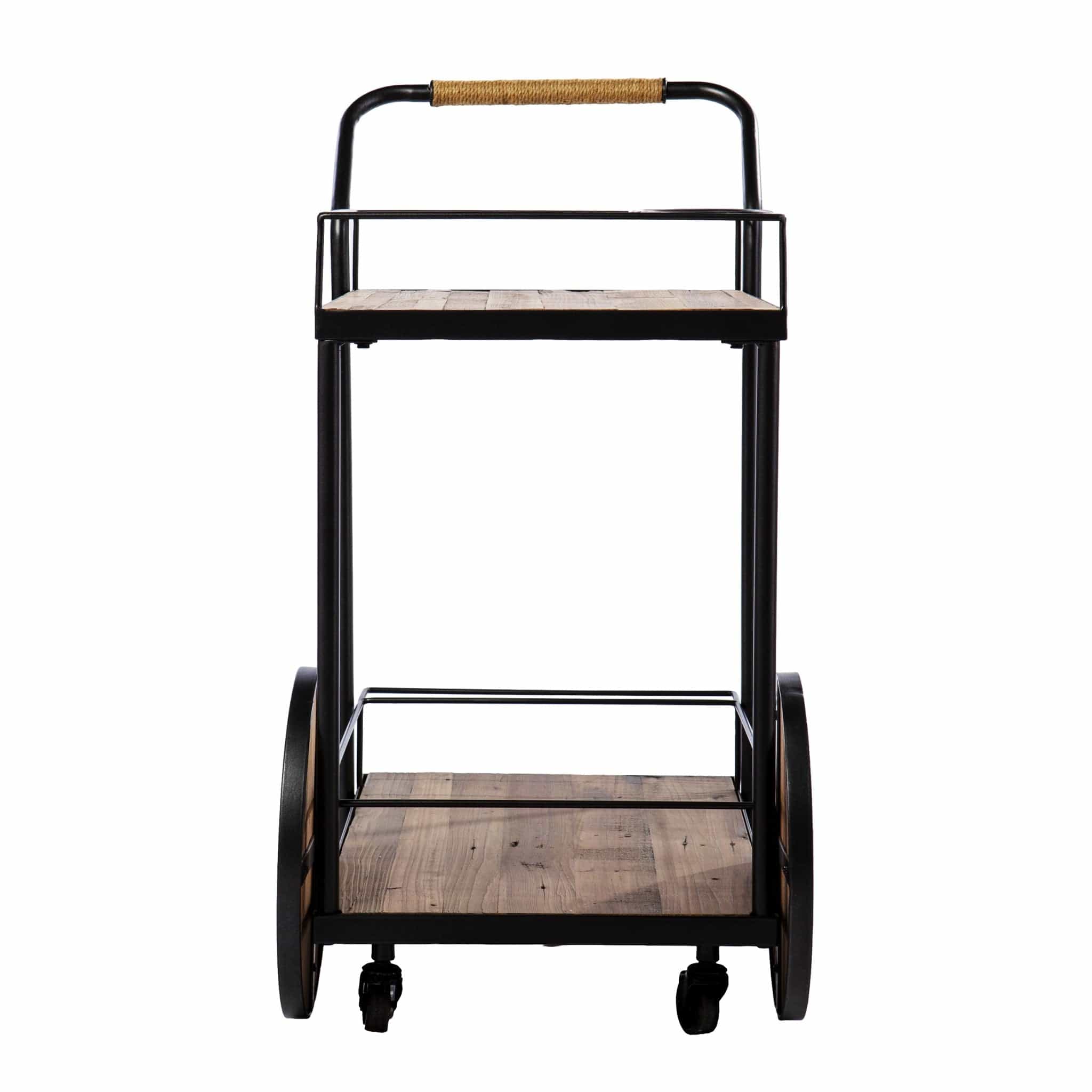 Natural and Black Iron And Reclaimed Wood Rolling Bar Cart With Wine Storage - Homeroots