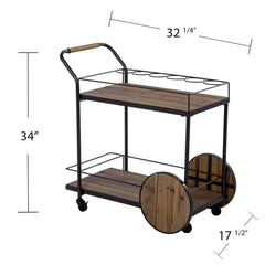 Natural and Black Iron And Reclaimed Wood Rolling Bar Cart With Wine Storage - Homeroots
