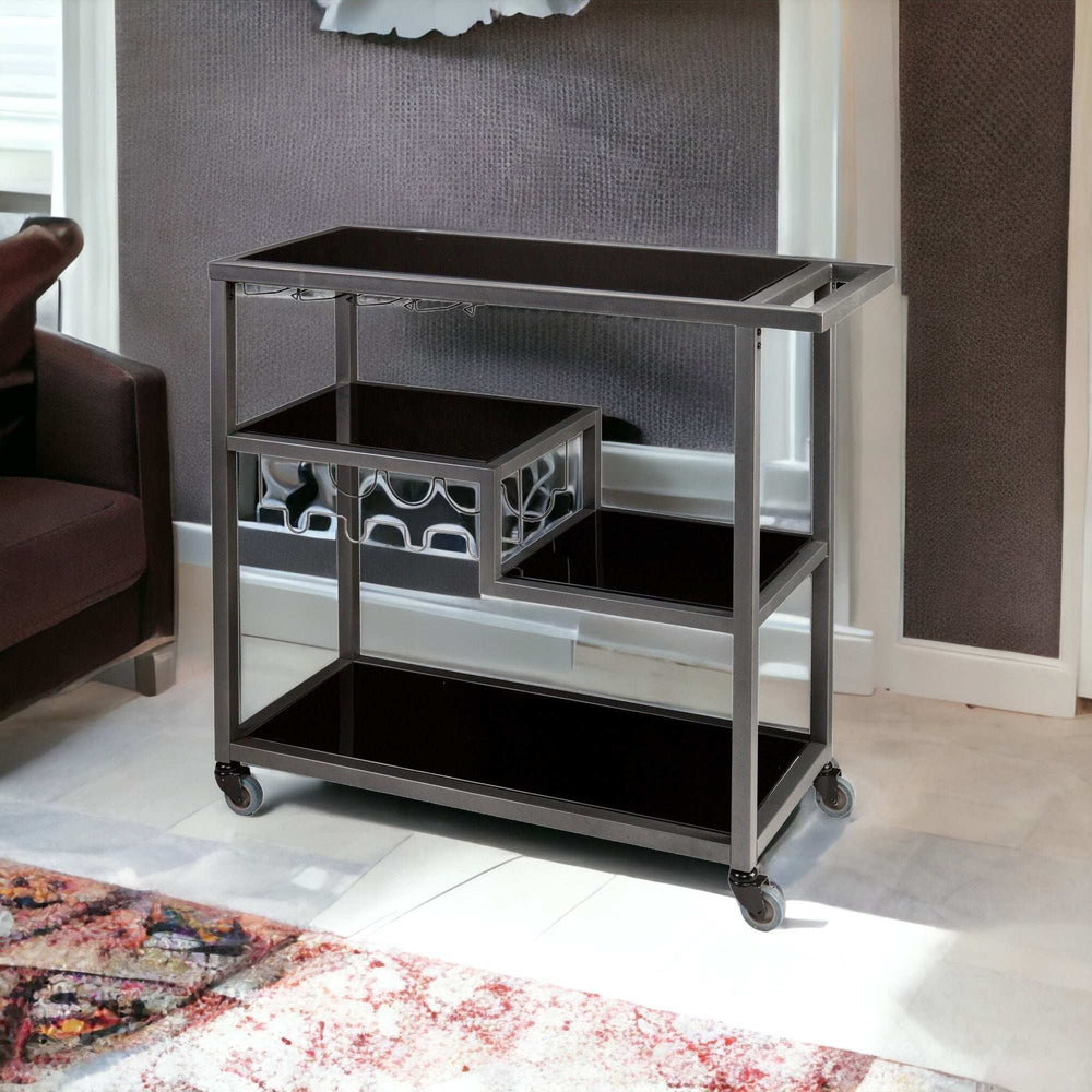 Black and Gray Glass Rolling Bar Cart With Wine Storage - Homeroots - Flyclothing LLC