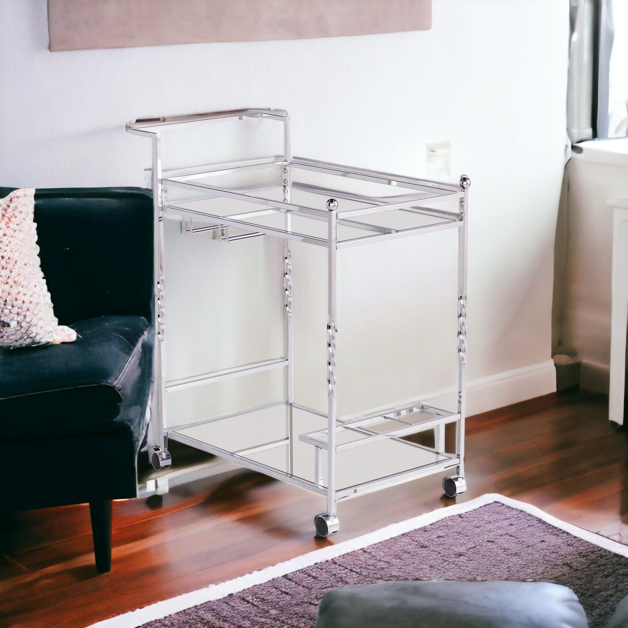 Silver Metal And Mirrored Glass Rolling Bar Cart With Wine Storage - Homeroots