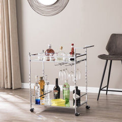 Silver Metal And Mirrored Glass Rolling Bar Cart With Wine Storage - Homeroots