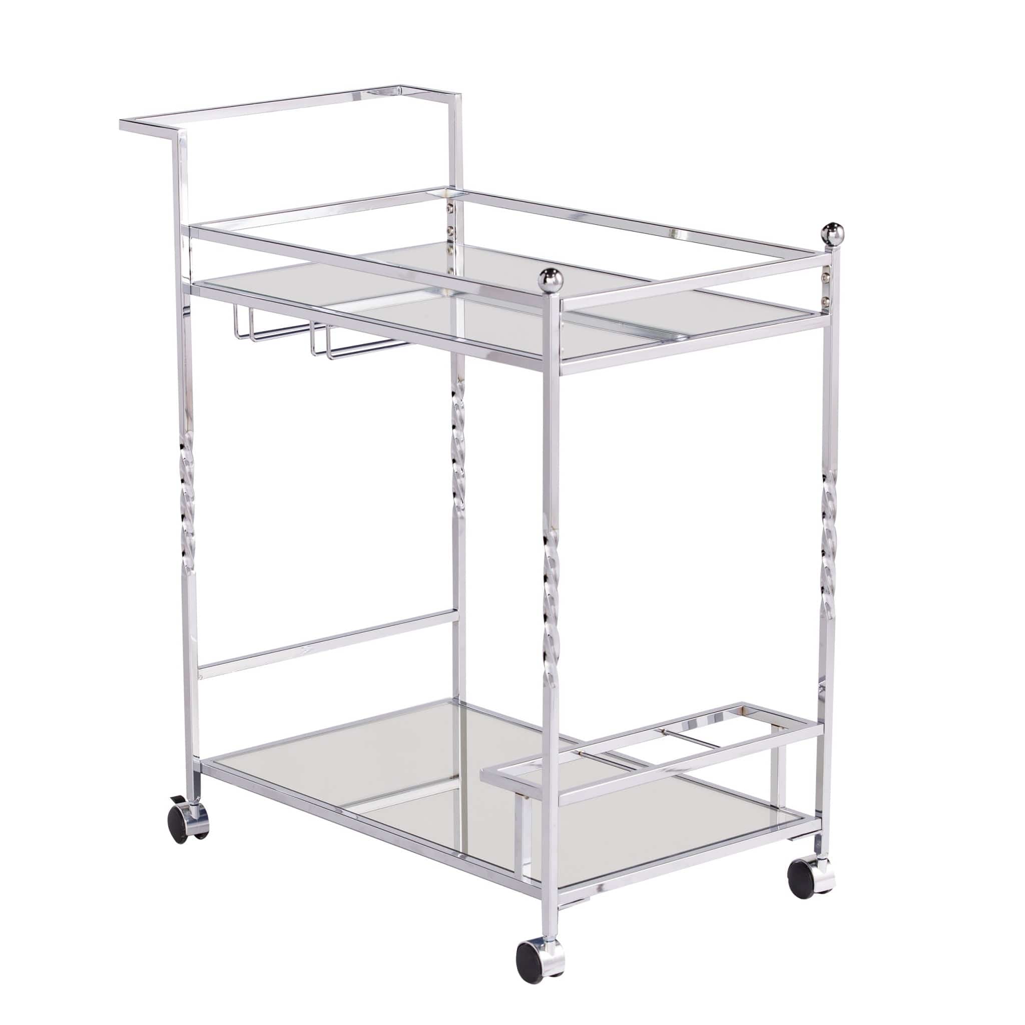 Silver Metal And Mirrored Glass Rolling Bar Cart With Wine Storage - Homeroots