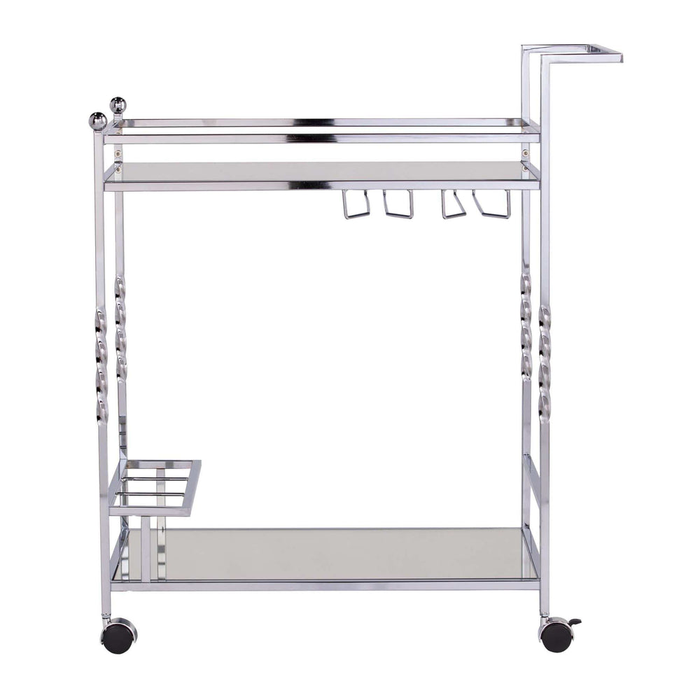 Silver Metal And Mirrored Glass Rolling Bar Cart With Wine Storage - Homeroots - Flyclothing LLC