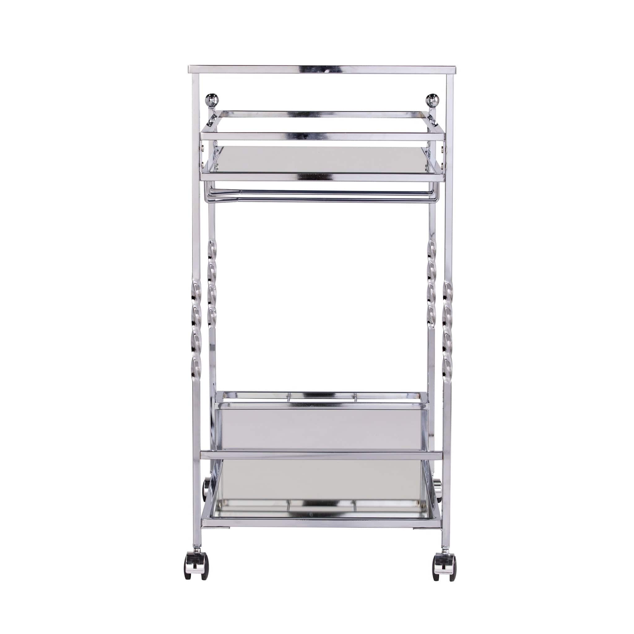 Silver Metal And Mirrored Glass Rolling Bar Cart With Wine Storage - Homeroots