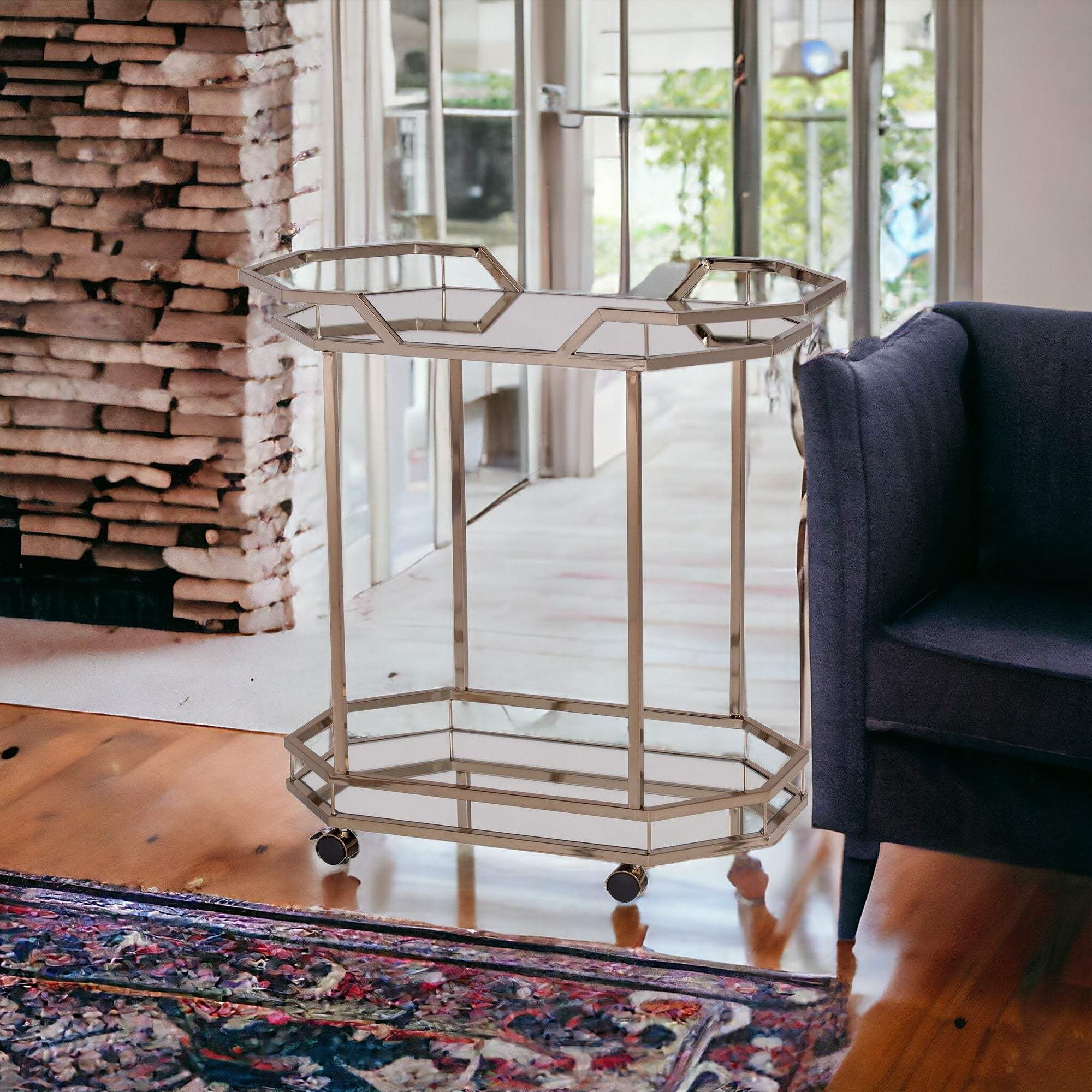 Champagne Iron And Mirrored Glass Rolling Bar Cart - Homeroots - Flyclothing LLC