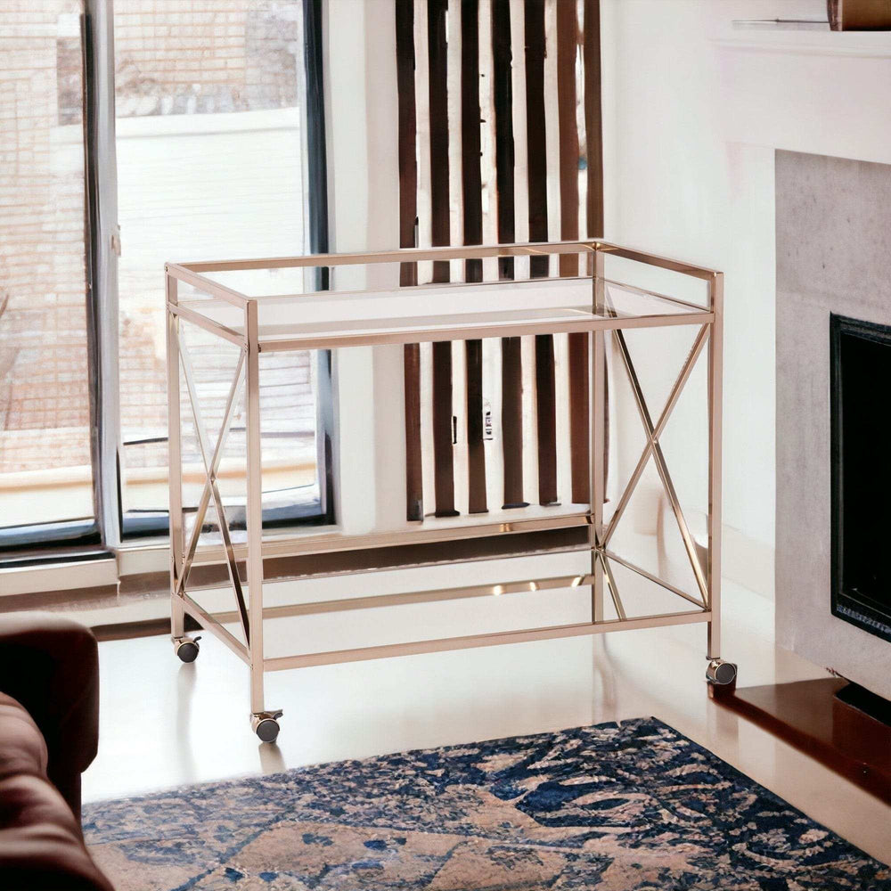 Gold Metal And Glass Rolling Bar Cart - Homeroots - Flyclothing LLC