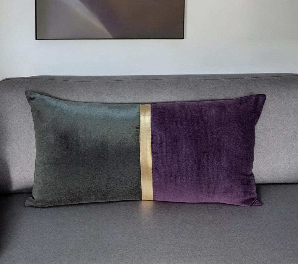 Dark Grey Gold and Purple Tufted Velvet Lumbar Pillow - Homeroots