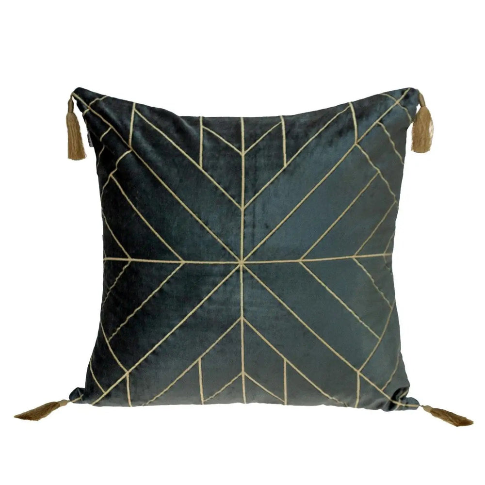 Charcoal and Gold Geo Velvet Throw Pillow with Gold Tassels - Homeroots