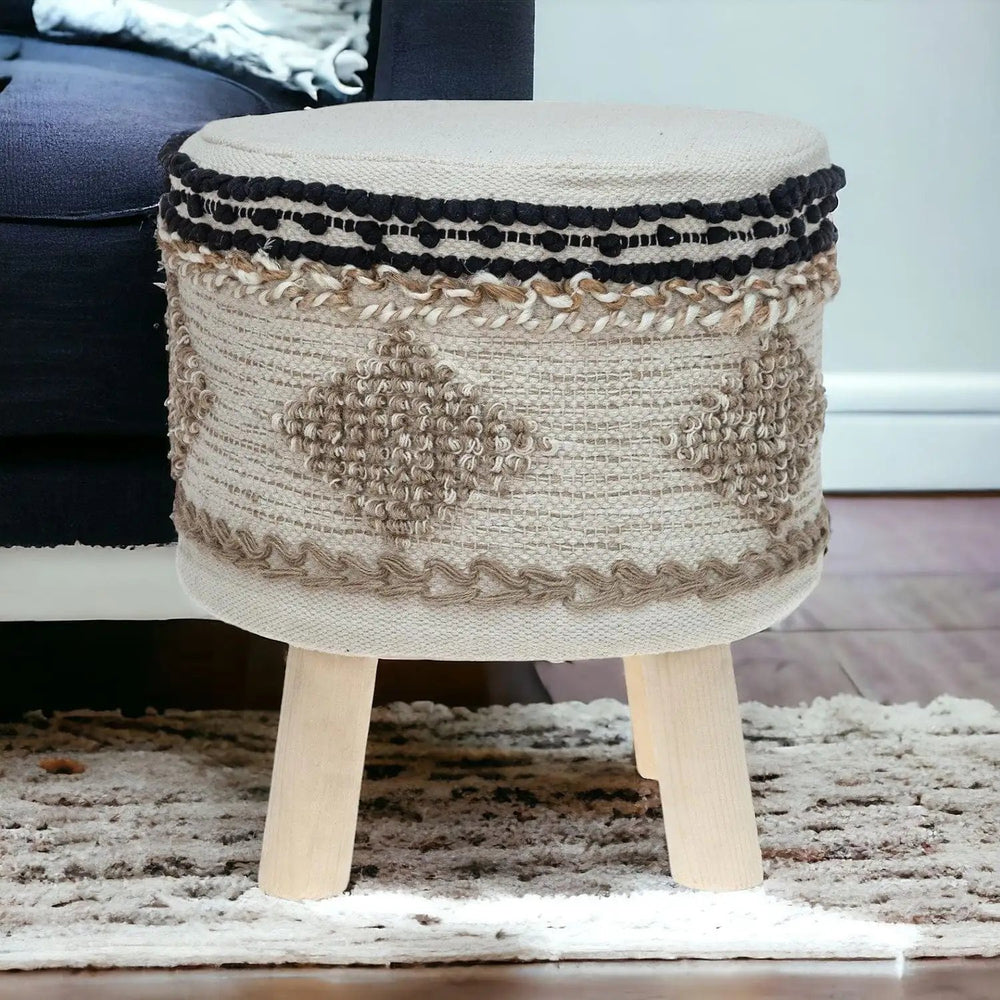 16" Beige Jute And Brown Round Abstract Ottoman - Homeroots