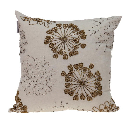 Natural and Golden Metallic Beaded Decorative Throw Pillow - Homeroots