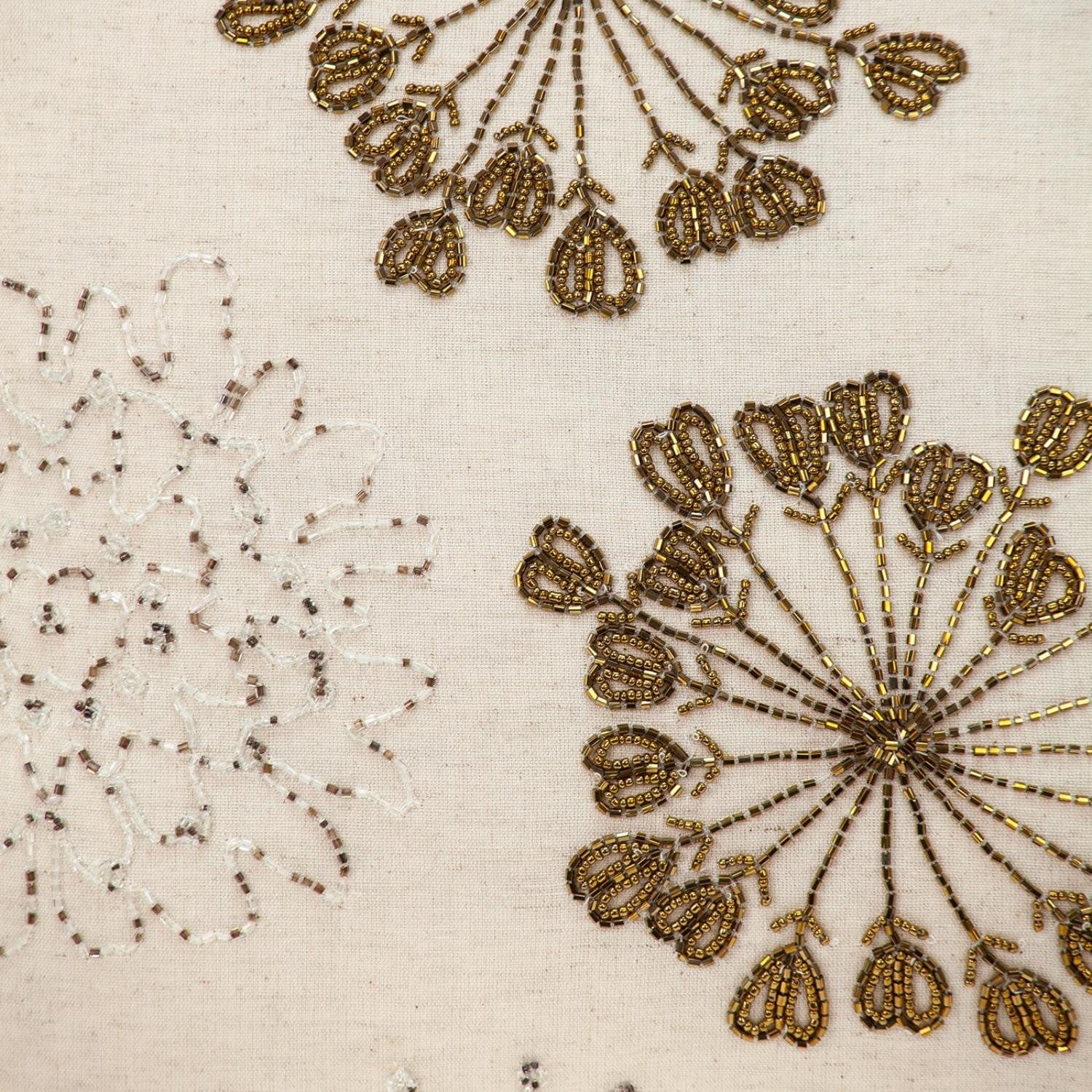 Natural and Golden Metallic Beaded Decorative Throw Pillow - Homeroots