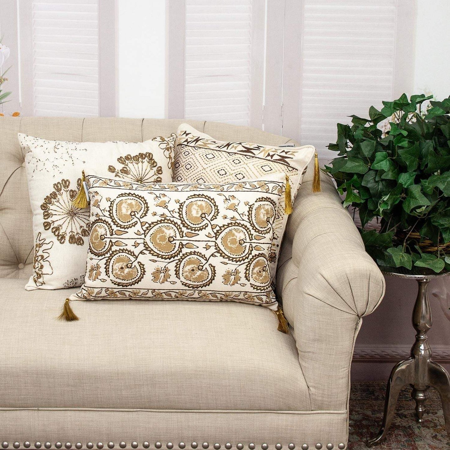 Natural and Golden Metallic Beaded Decorative Throw Pillow - Homeroots - Flyclothing LLC